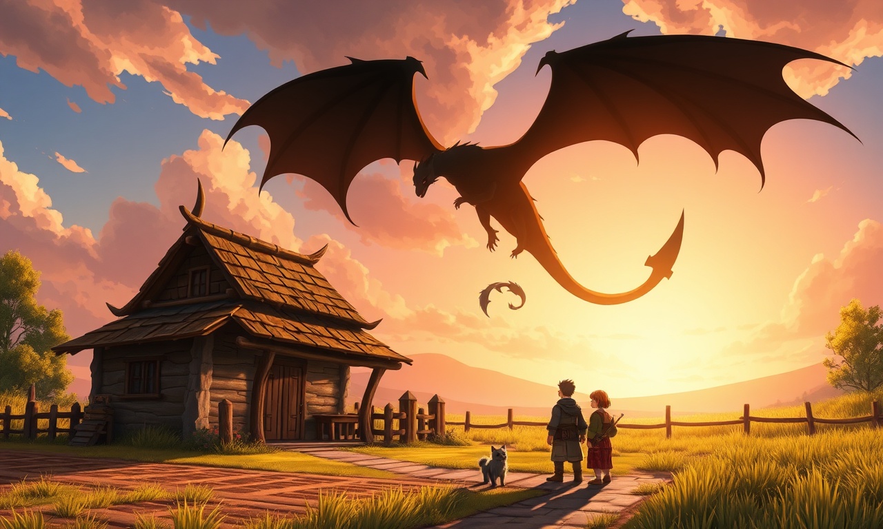 An Isekai Mugen Soul Online village at golden hour: homestead, crop field and pet companion below a dragon circling in the sky