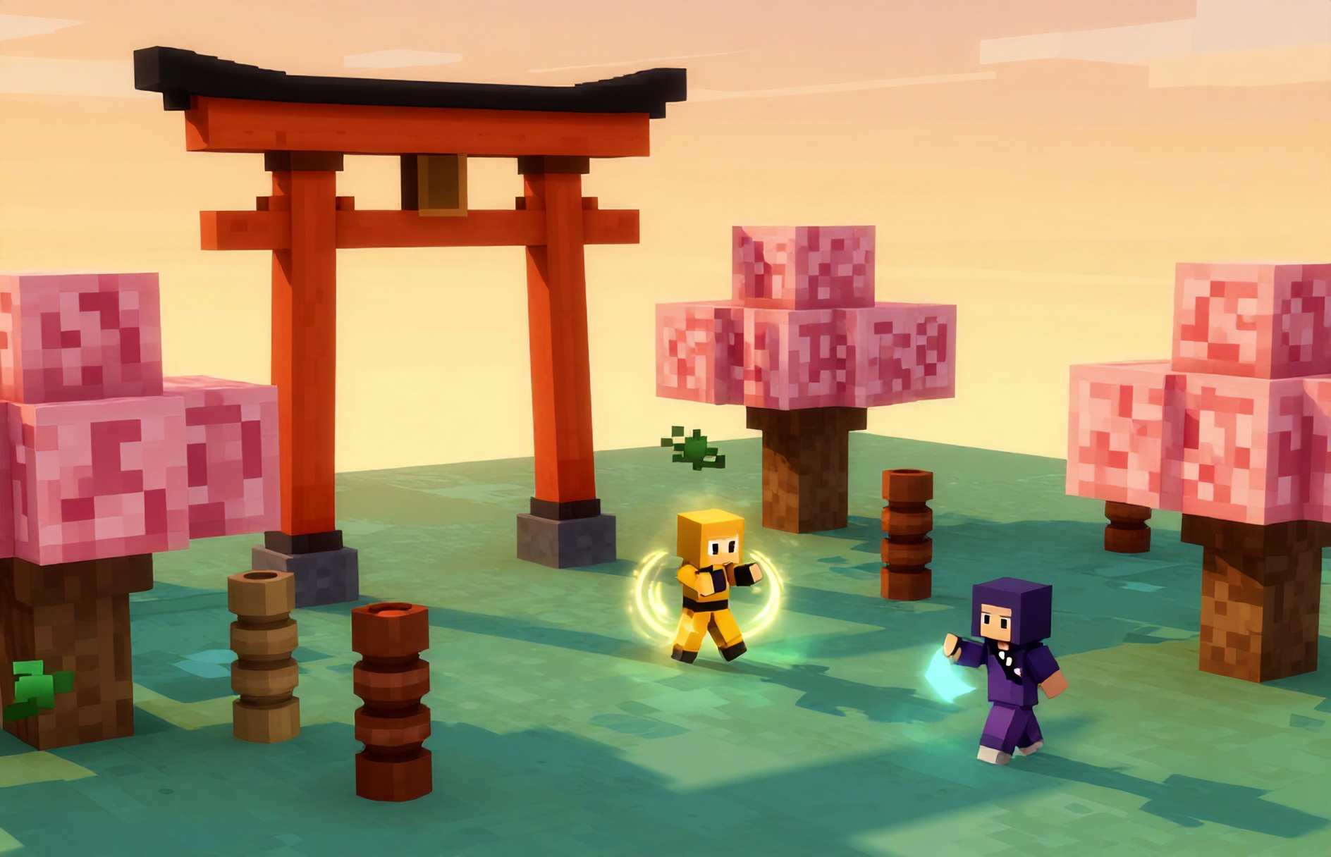 Chibi voxel ninja village at sunset with a torii gate and cherry blossom trees
